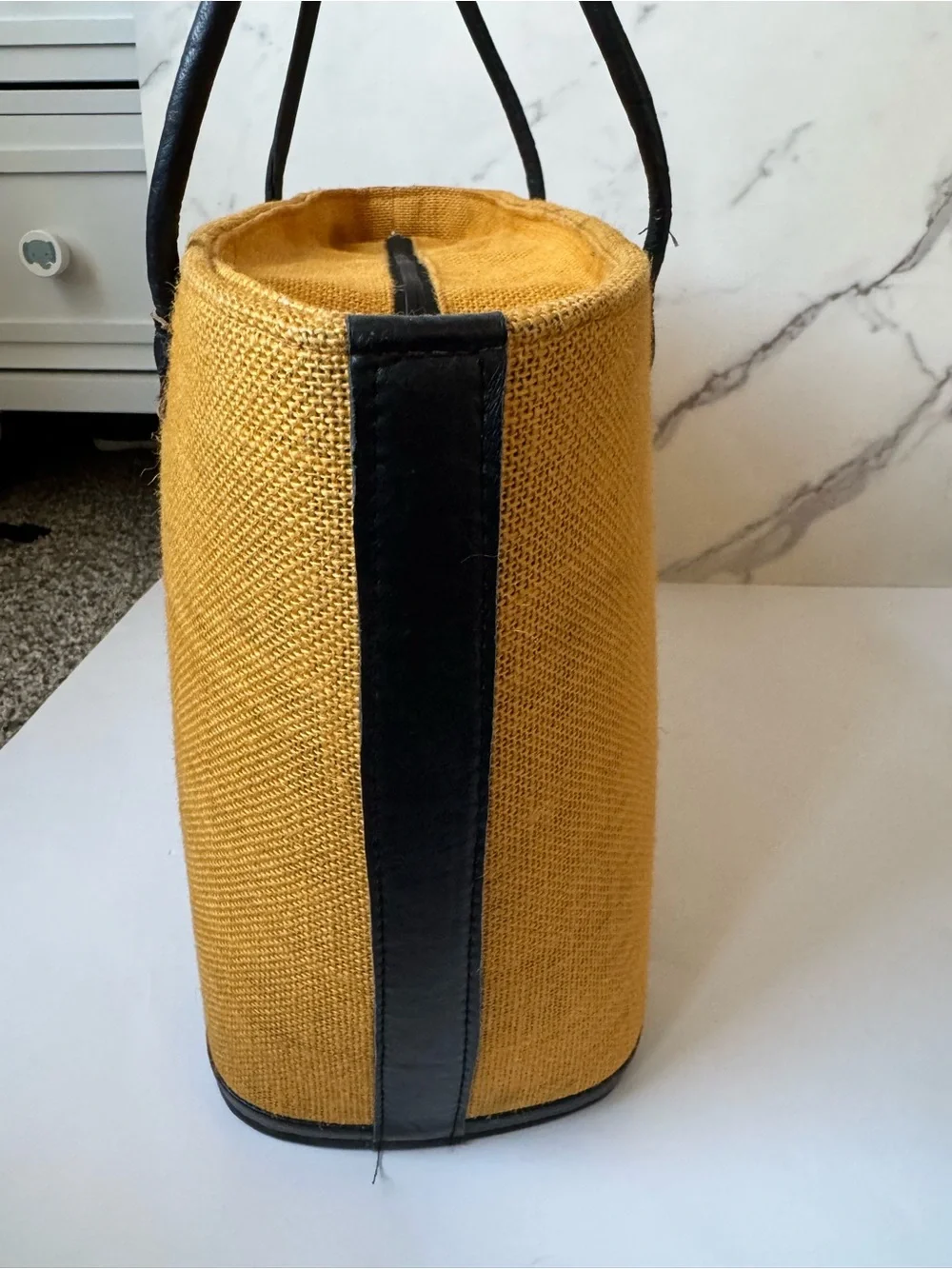 Mustard Straw Tote with Beaded Medallion and Black Handles